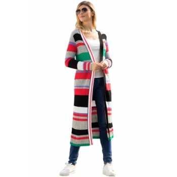 Multicolor Striped Colorblock Open Front Long Cardigan Colorful